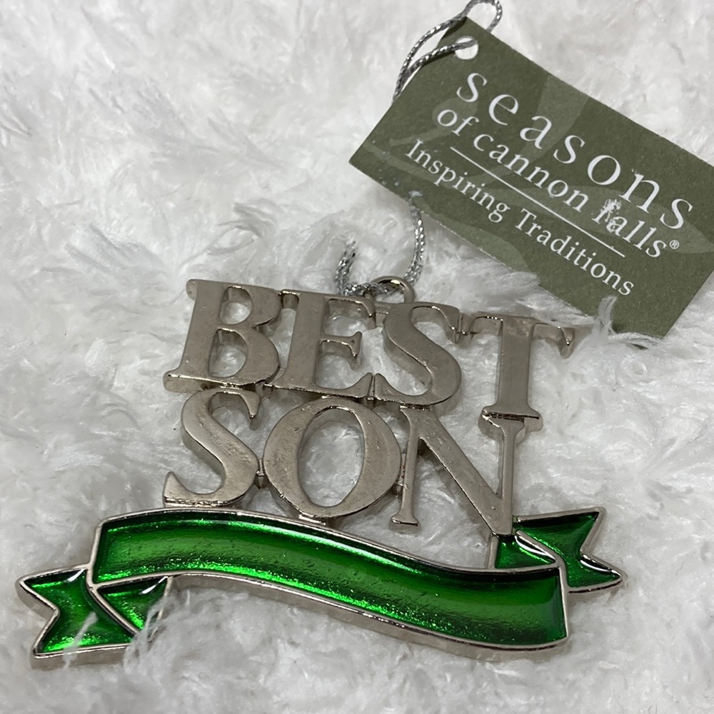 Best Son Christmas Ornament Silver Tone Green Enamel Seasons of Cannon Falls